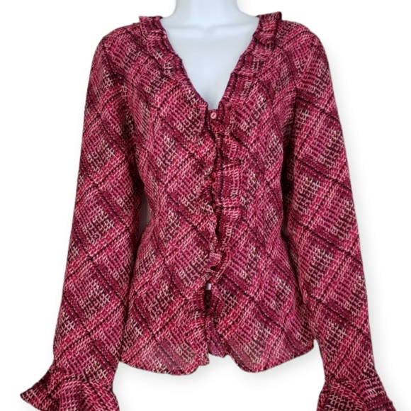 i.e. Tops - NWOT i.e. pink digital print ruffled silk button down blouse Womens Medium
